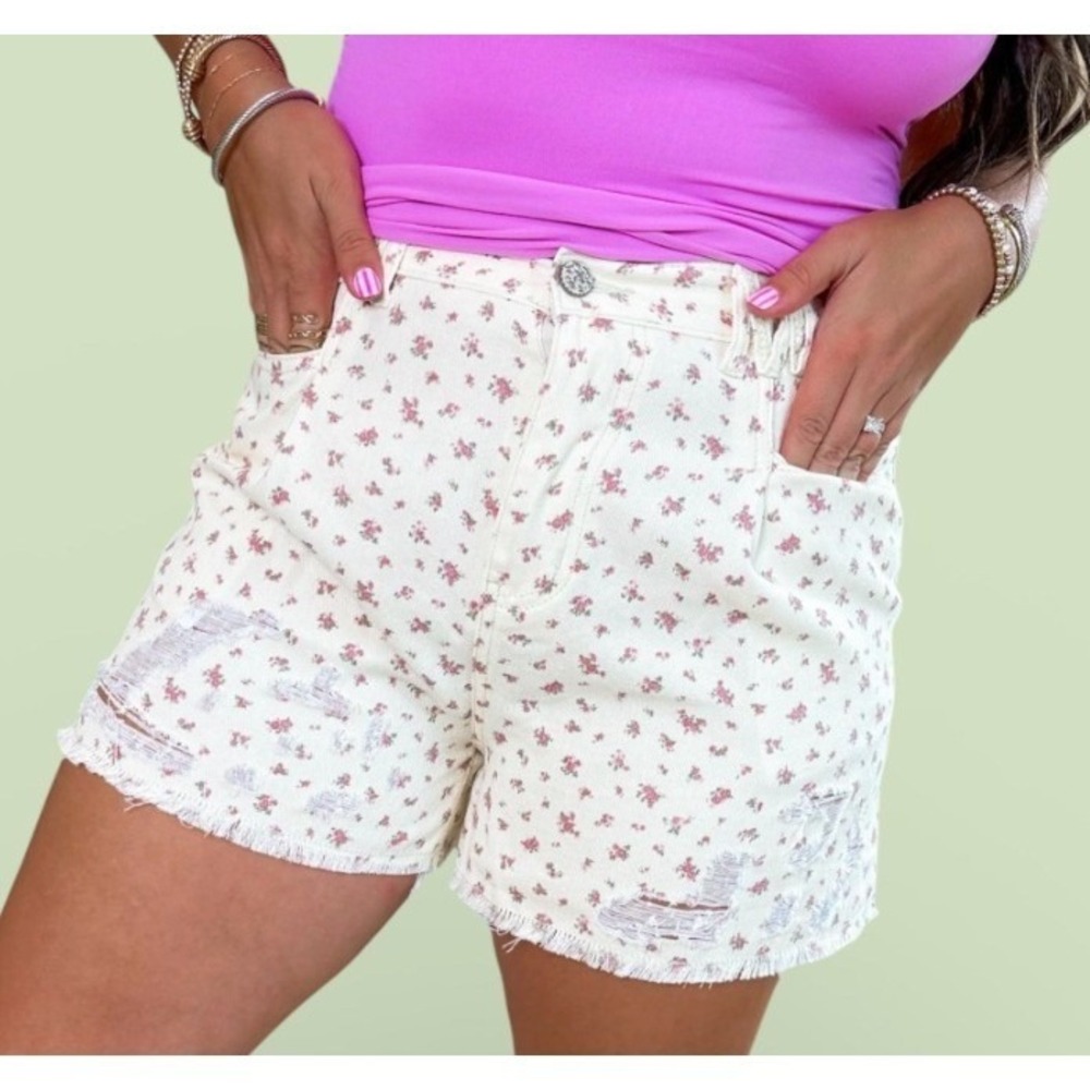 POL Denim Shorts Women L Cream Floral Distressed High Rise Emmy